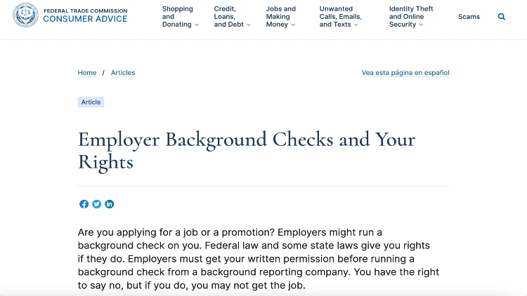 Image screenshot of the article employer background checks and your rights on federal rade commission website.