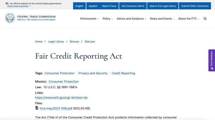 Screenshot image of the fair credit reporting act on the federal trade commission website.