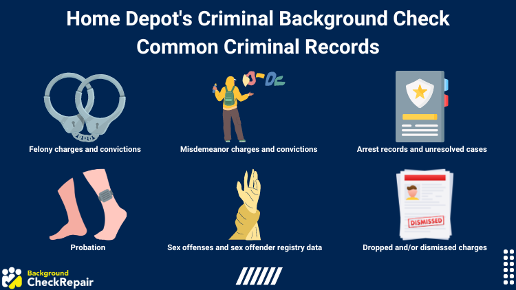 Graphics showing the common criminal records that shows up in Home Depot's criminal background check.