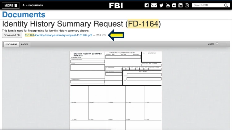 FBI Identity History Summary document download page with yellow arrow, screenshot.