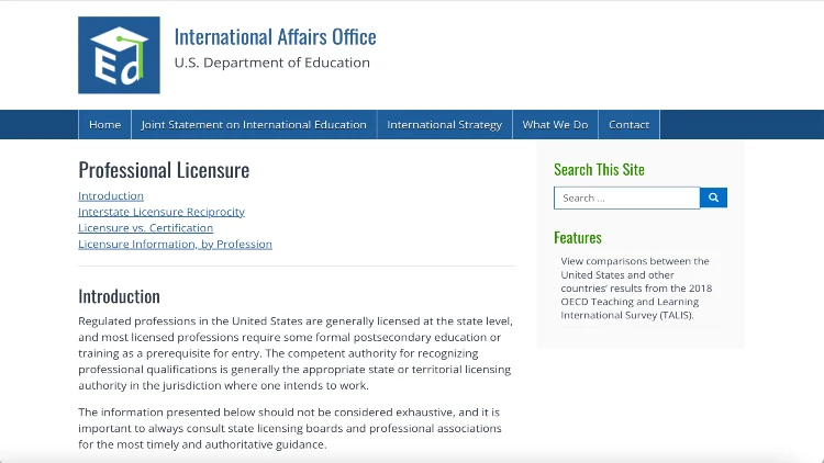 Image screenshot of professional licensure on the International Affairs Office website.