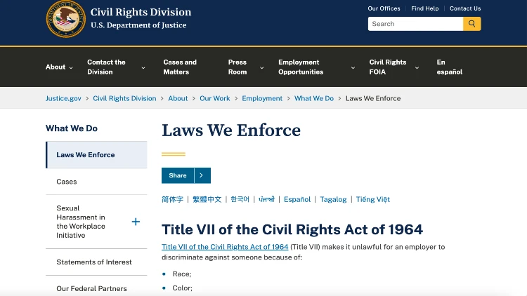 Image screenshot of the laws we enforce on the civil rights division website