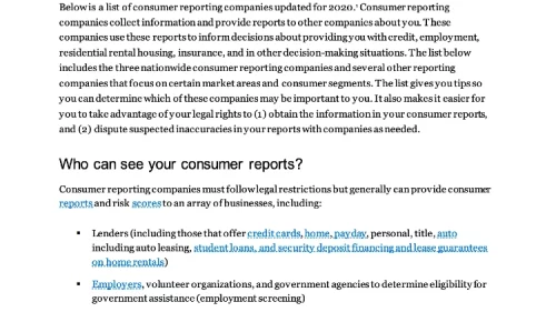 Image screenshot of the list of consumer reporting companies.
