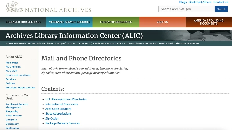 Image screenshot of mail and phone directories on the National Archives website