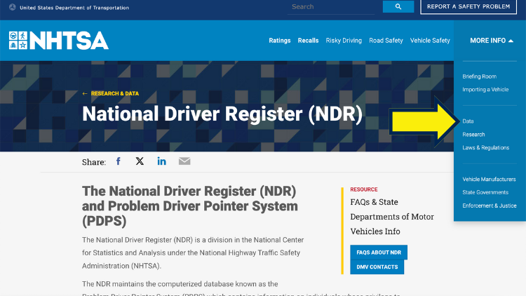 Screenshot of the National Driver Register page and a yellow arrow pointing to the data menu setting.