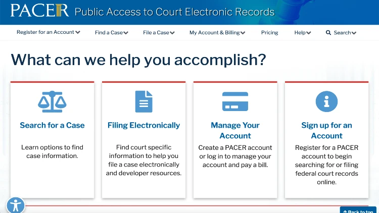 Image screenshot of the public access to court electronic records