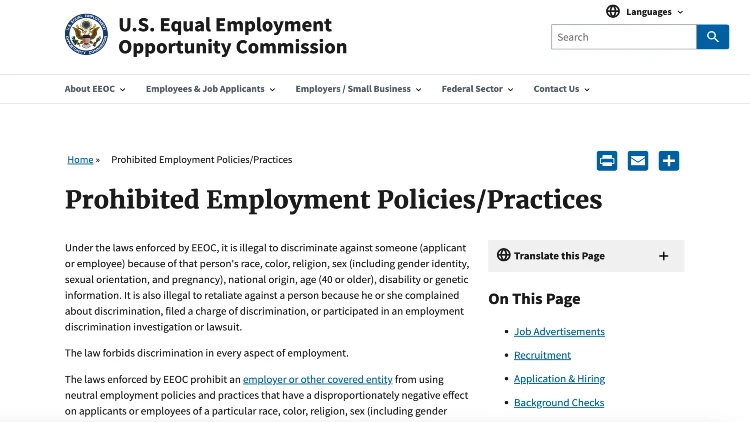 Image screenshot on the prohibited employment policies/practices.