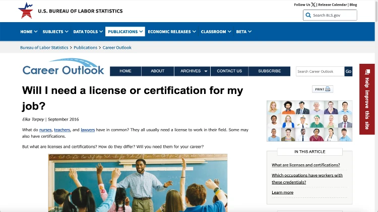 Image screenshot of the article titled 'Will I need a license or certification for my job?' on U.S. Bureau of Labor Statistics website.