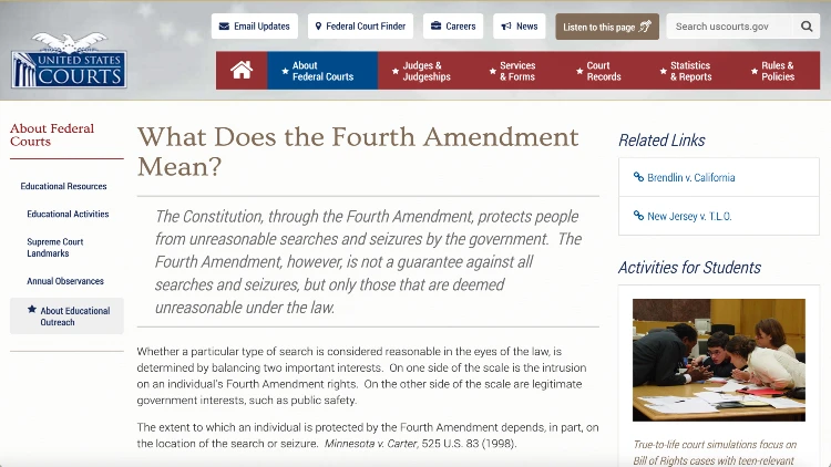 Screenshot US Courts Fourth Amendment.