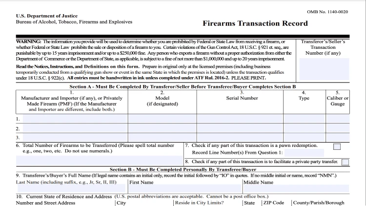Alaska state troopers background check ATF form for obtaining firearms.