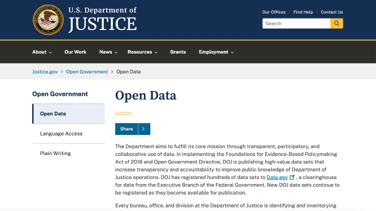 US DOJ Open Data screenshot