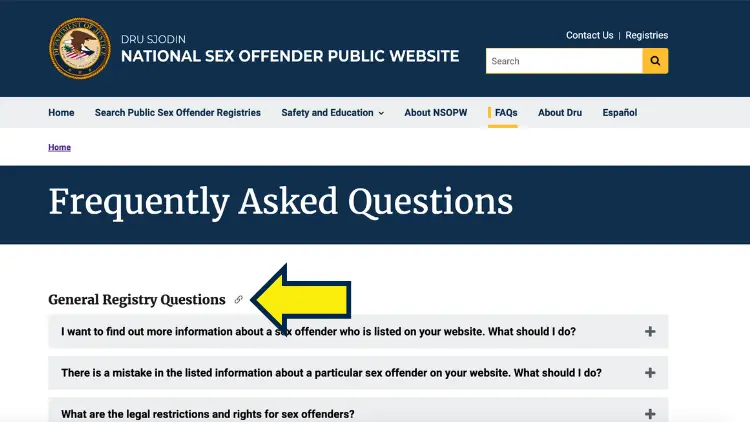 National Sex Offenders Registry FAQ screenshot used for a nanny background check.