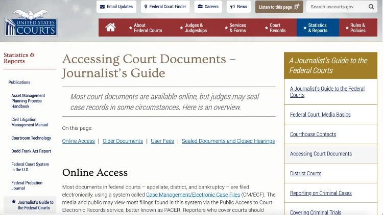 Image screenshot of accessing court documents - journalist's guide
