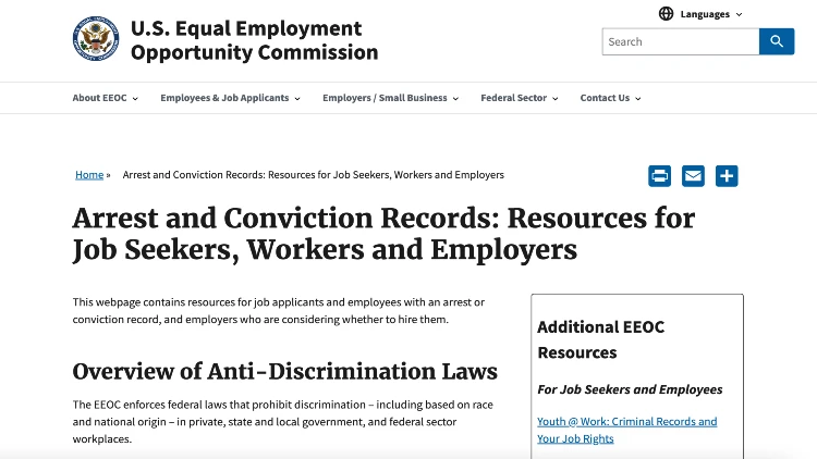 Screenshot image of the article Arrest and Conviction Records: Resources for Job Seekers, Workers and Employers