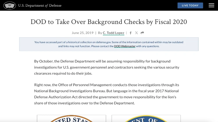 Screenshot image of the article DOD to Take Over Background Checks by Fiscal 2020