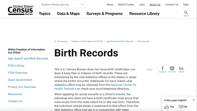 Screenshot image of birth records on the United States Census Bureau