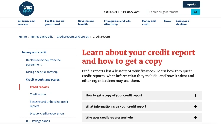 Image screenshot on learn about your credit report and how to get a copy on usa gov
