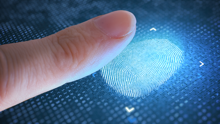 A close-up image of a human finger pressing against a biometric fingerprint scanner.