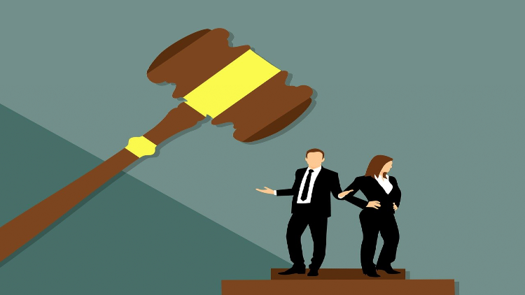 Illustration of a large gavel over a couple facing away each other