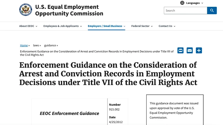 Image screenshot of enforcement guidance on the consideration of arrest and conviction records in employment decisions under title VII of the civil rights act