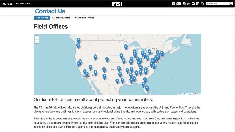 Screenshot image of the FBI field offices page