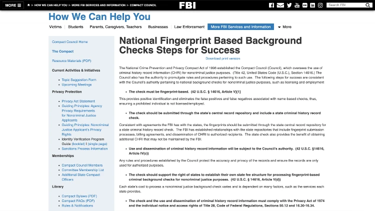 Image screenshot of the information on national fingerprint based background checks steps for success on FBI website