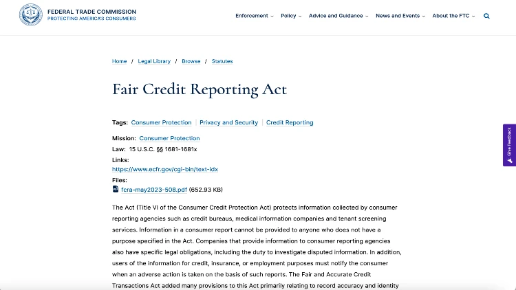 Image screenshot of the fair credit reporting act
