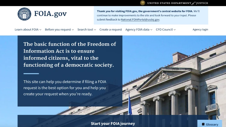 Image screenshot of the FOIA homepage