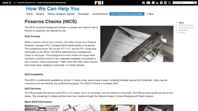 Screenshot image of the Federal Bureau of Investigation firearms checks
