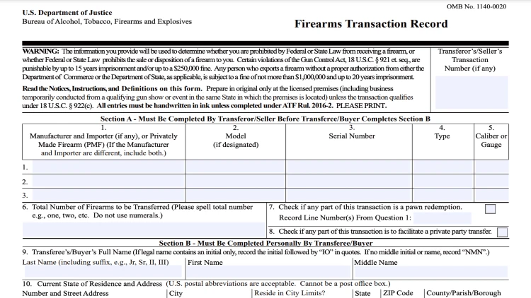Screenshot image of the firearms transaction record form