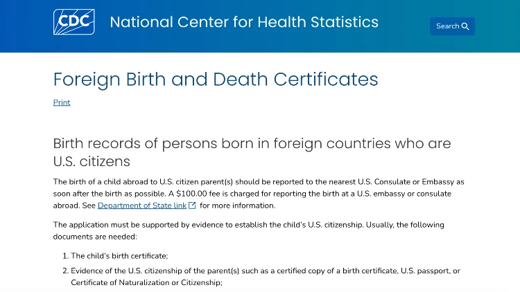 Image screenshot of foreign birth and death certificates on the national center for health statistics website