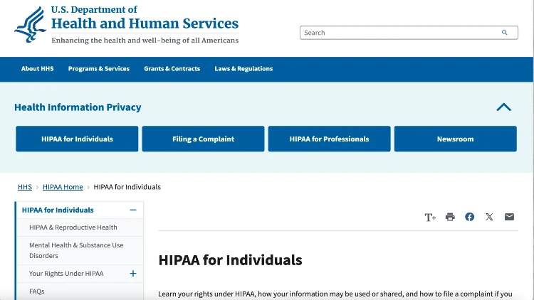Screenshot image of the HIPAA for individuals