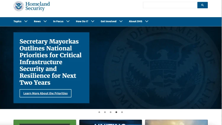 Screenshot image of the homeland security website homepage