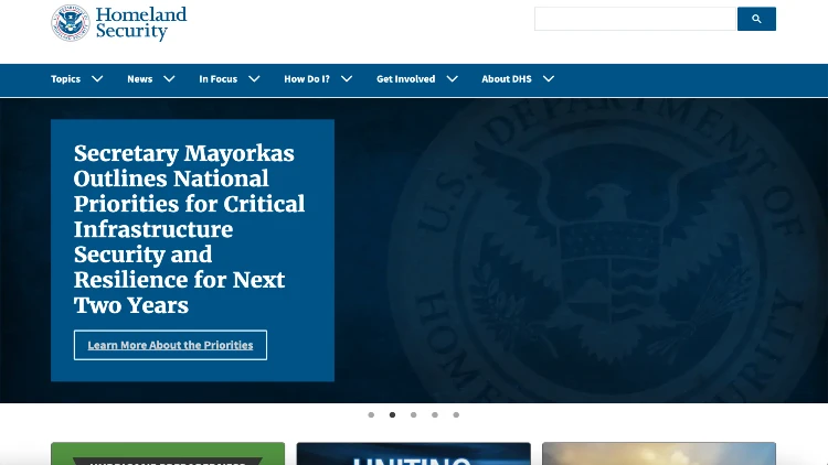 Screenshot image of the homeland security homepage