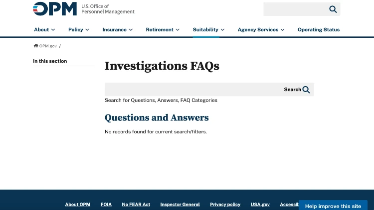 Screenshot image of investigation faqs on U.S. Office of Personnel Management website