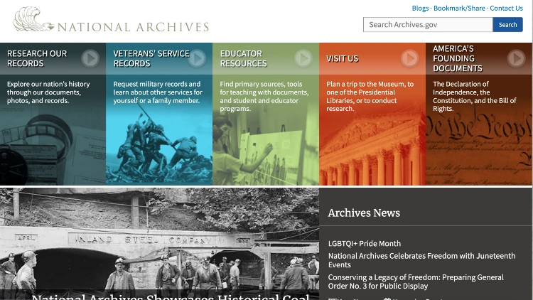 Screenshot image of the national archives website homepage