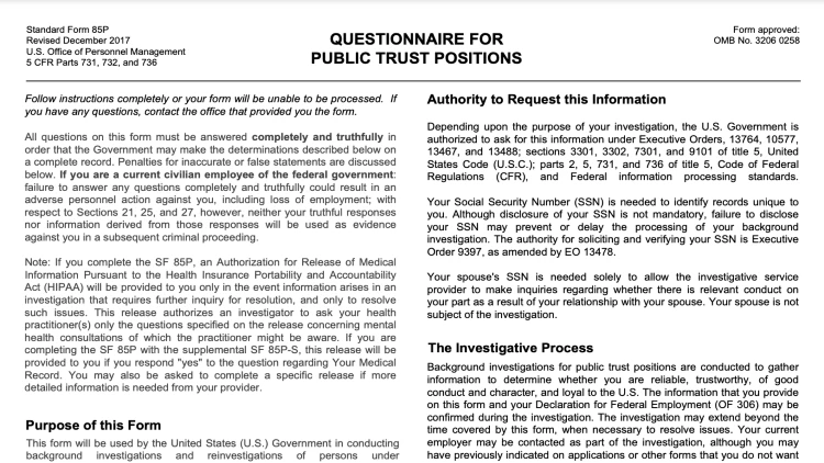 Screenshot image of the questionnaire for public trust positions