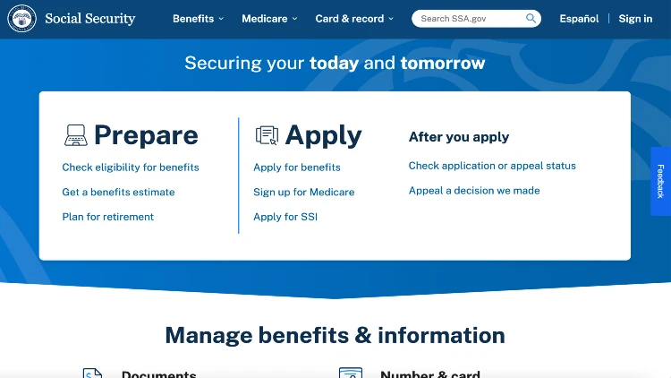 Image screenshot of the social security website homepage