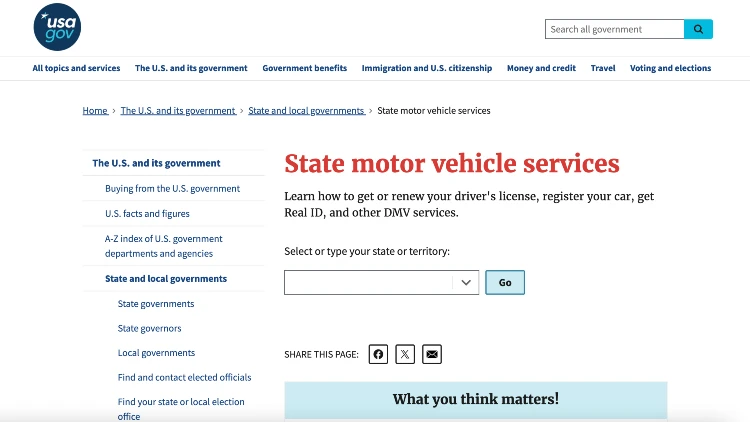 Screenshot image of the state motor vehicle services page