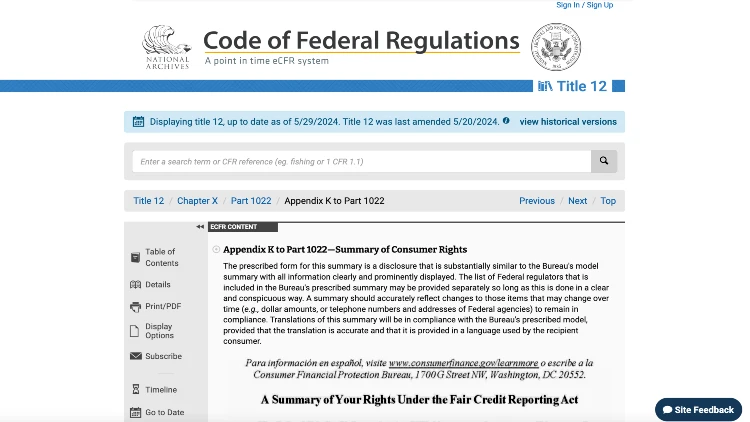 Image screenshot of the Appendix K to Part 1022 - Summary of Consumer Rights on the Code of Federal Regulations website