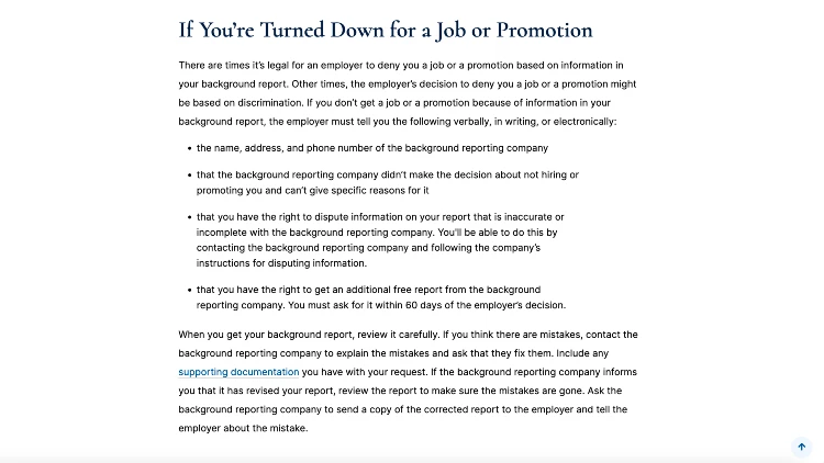 Image screenshot on the topic of if you're turned down for a job or promotion on the article Employer Background Checks and Your Rights.