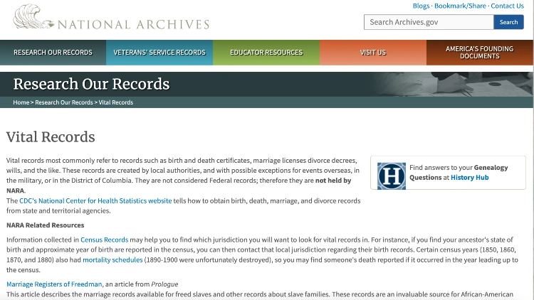 Screenshot image of vital records in national archives