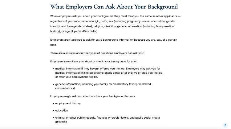 Image screenshot of what employers can ask about your background