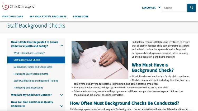 Screenshot image of child care staff background checks