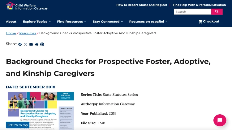 Screenshot image of the Child Welfare Information Gateway website on background checks for prospective foster, adoptive, and kinship caregivers