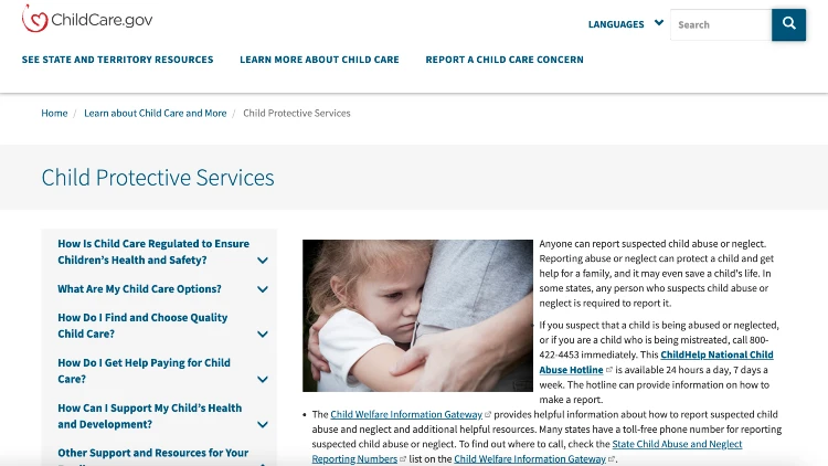 Screenshot image of the ChildCare website on child protective services