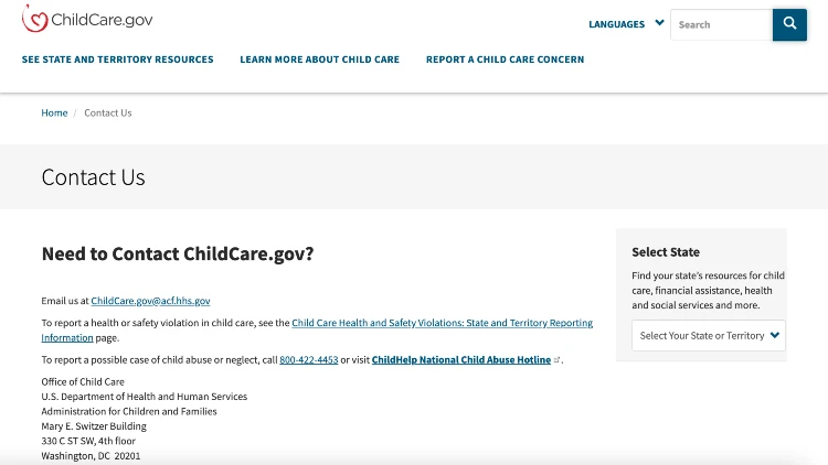Screenshot image of the ChildCare website on ChildCare contact information