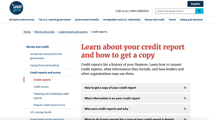 Screenshot image of usa.gov website on learning about your credit report and how to get a copy