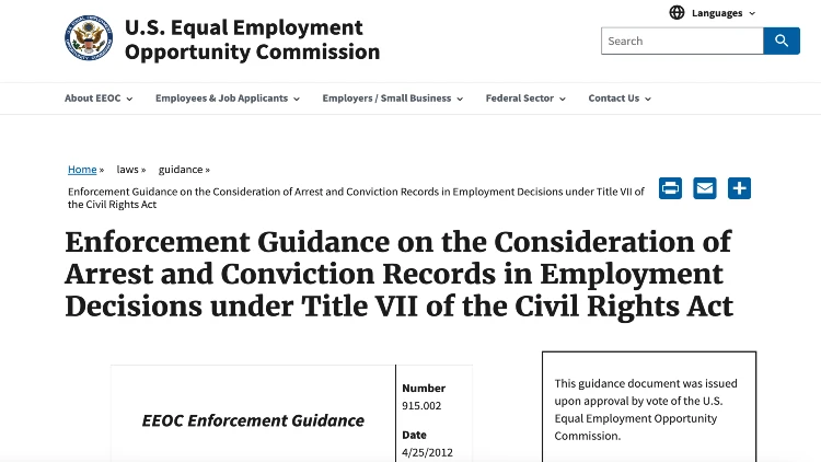 Screenshot image of enforcement guidance on the consideration of arrest and conviction records in employment decision