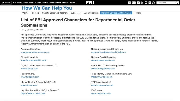 Screenshot image of the list of FBI-Approved channelers for departmental order submissions